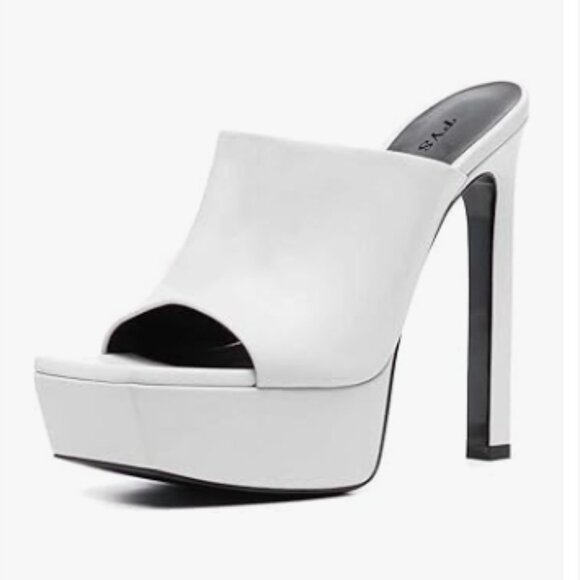 FYS White Chunky High Heel Platform Mules Open Toe Dress Sandals Office Shoes - Picture 1 of 8